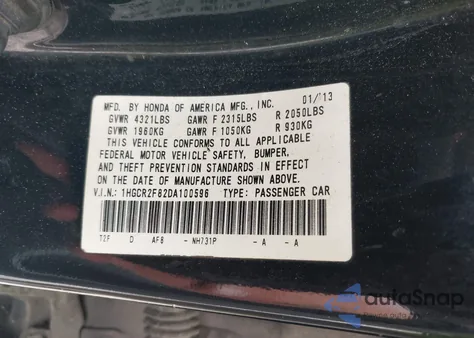 2013 Honda Accord Ex-L from USA, damaged, VIN 1HGCR2F82DA100596